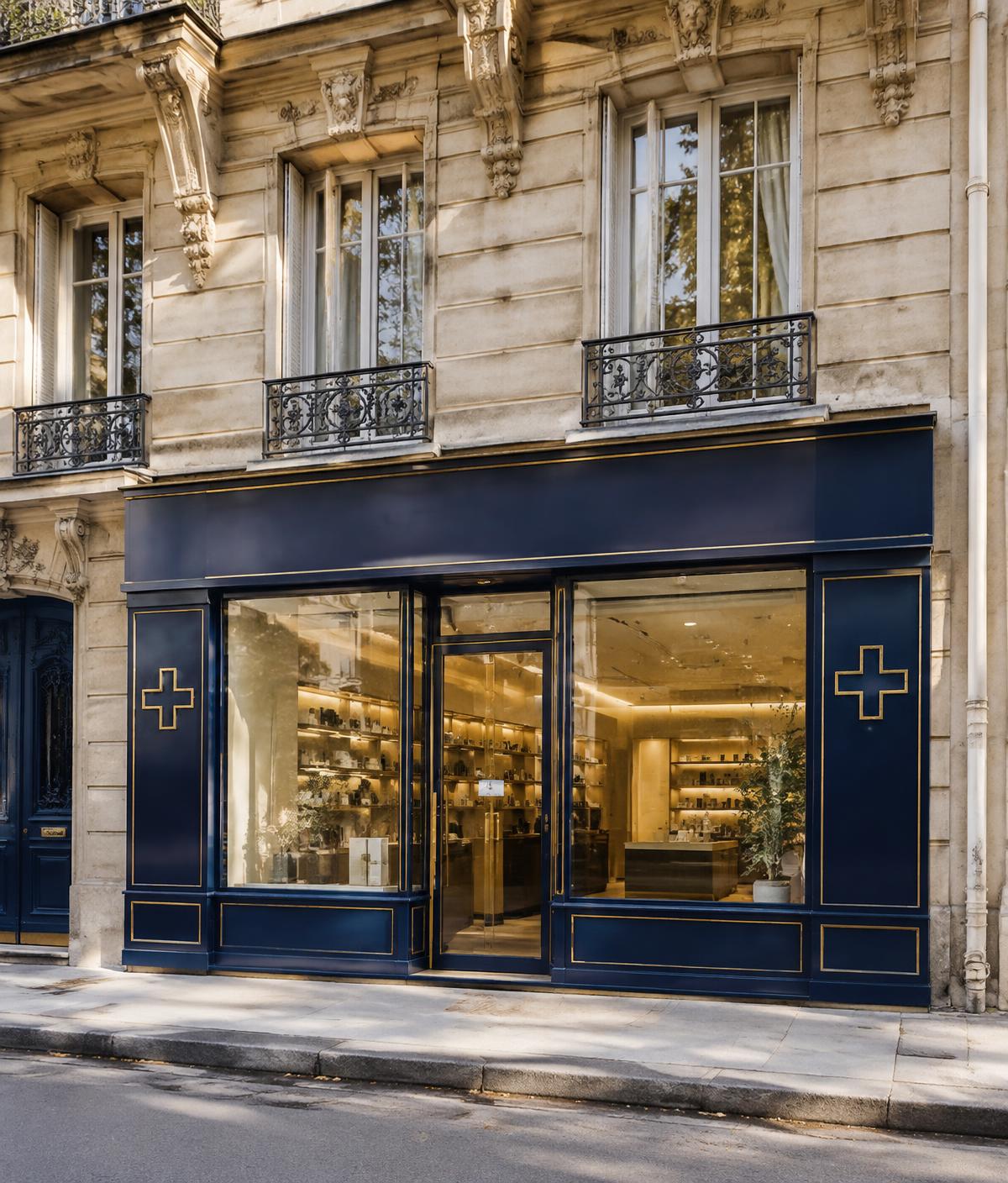 Façade d'une pharmacie dans un immeuble haussmannien