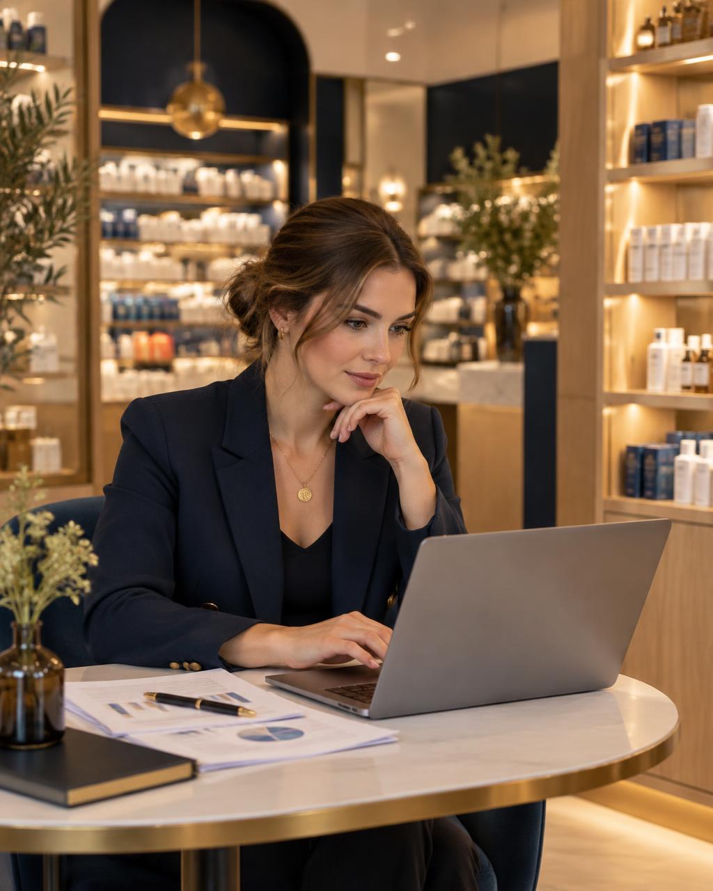 Pharmacienne préparant son projet d'acquisition